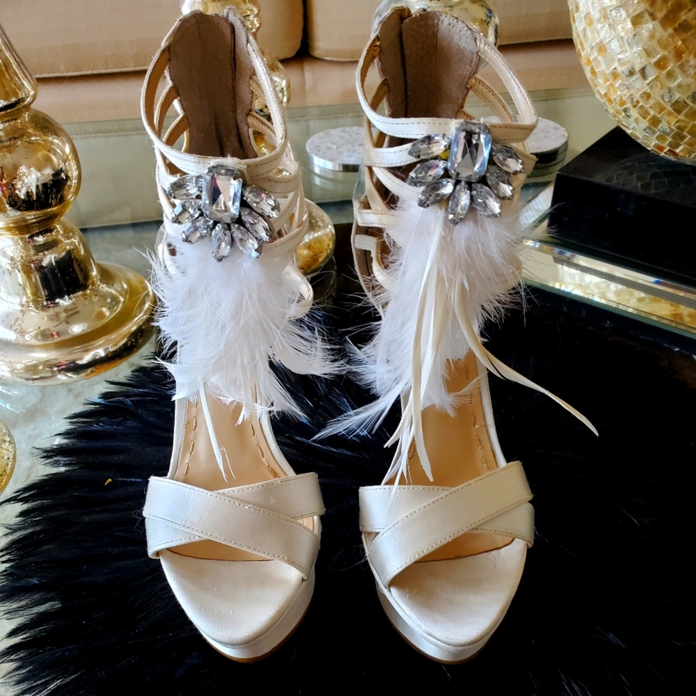 Ivory satin platform shoes/sandals for dress evening or wedding by EnzoAngiolini